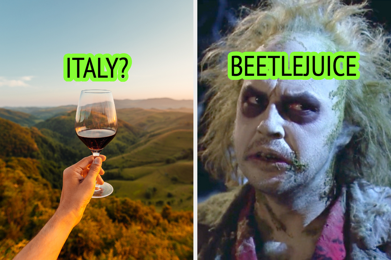 A hand holding a glass of wine with a scenic landscape in the background on the left, and a character resembling Beetlejuice on the right. Text: "ITALY?" and "BEETLEJUICE"