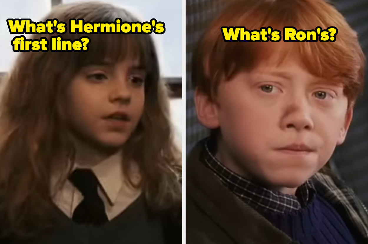 Split image with Hermione and Ron from Harry Potter films. Text reads: "What's Hermione's first line?" and "What's Ron's?"