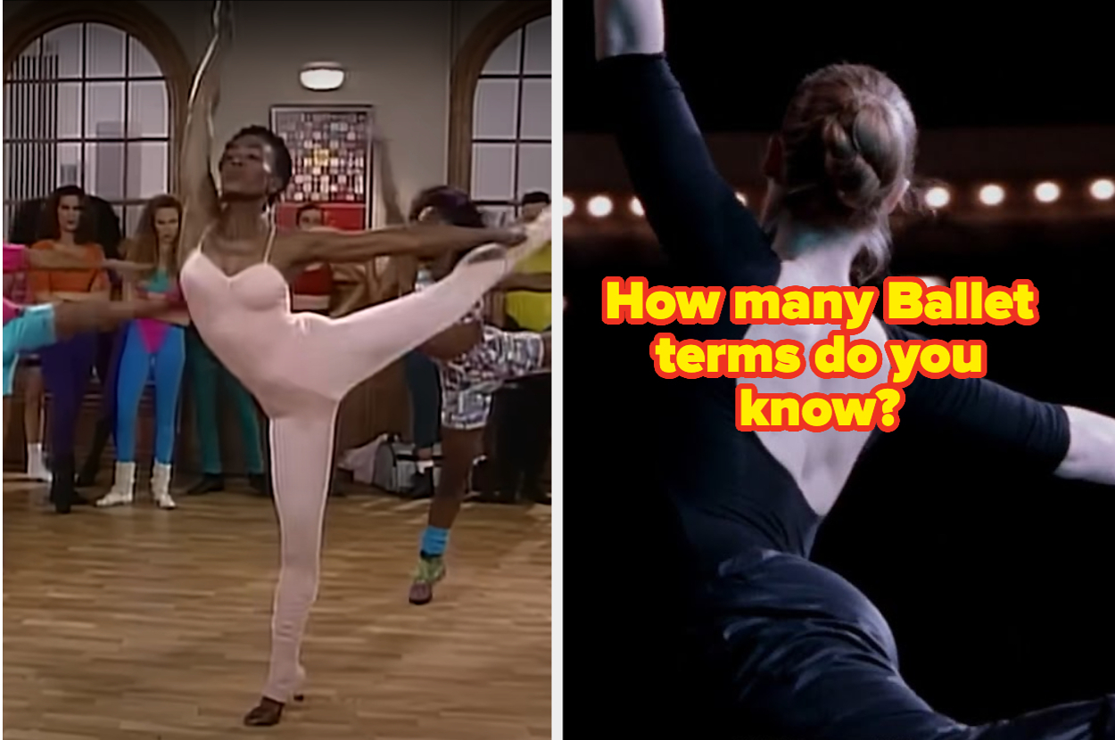 Left image: Woman in a dance studio performing a high leg lift. Right image: Ballet dancer with hair in a bun. Text: "How many Ballet terms do you know?"