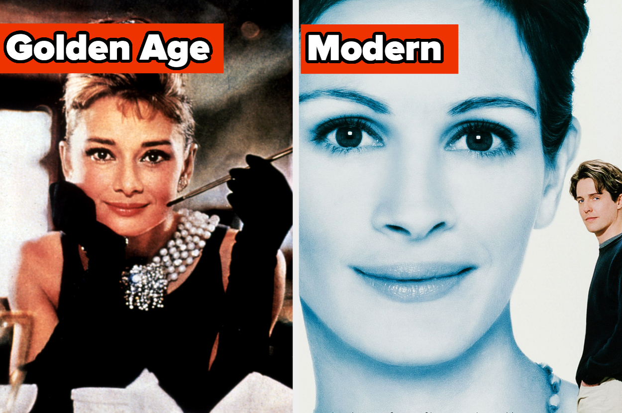 Side-by-side images. Left, Audrey Hepburn from "Breakfast at Tiffany's" labeled "Golden Age." Right, Julia Roberts and Hugh Grant from "Notting Hill" labeled "Modern."