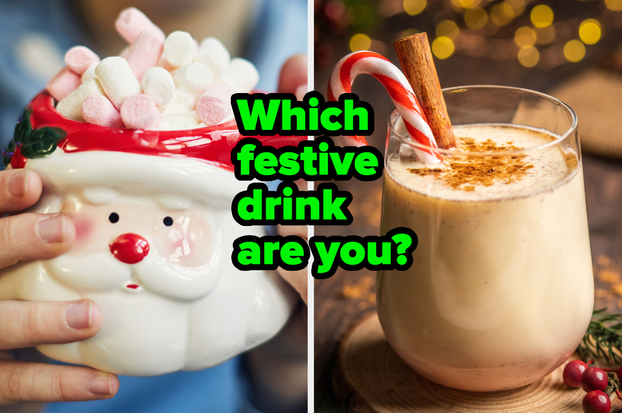 Two images side by side: left, marshmallows in a Santa mug; right, eggnog with a candy cane and cinnamon stick. Text: "Which festive drink are you?"