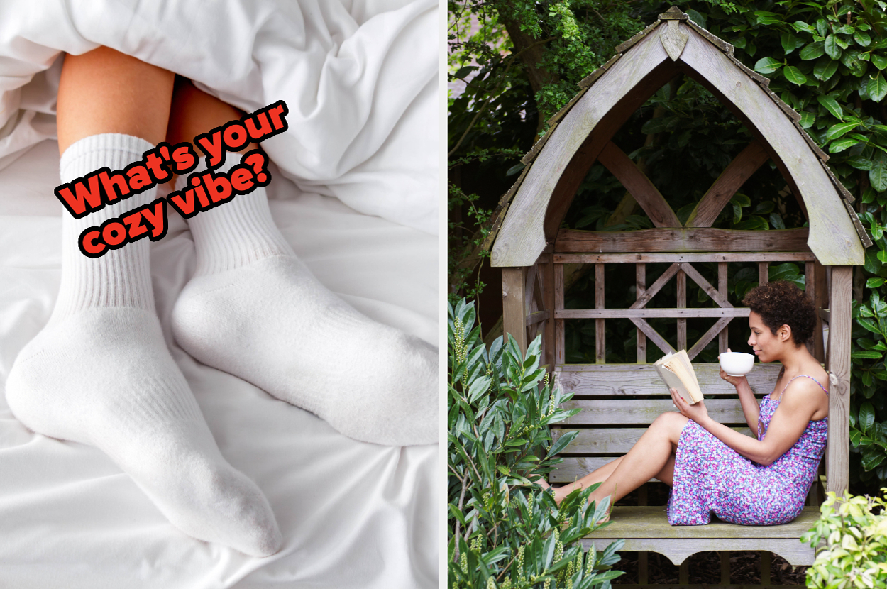 Left: Person wearing white socks in a cozy setting with text "What's your cozy vibe?" Right: Person in summer dress reading a book and holding a cup on a garden bench