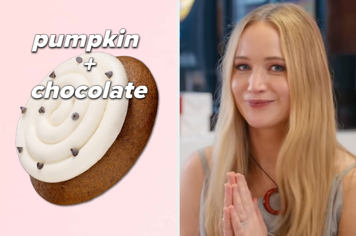 Jennifer Lawrence smiles, wearing a sleeveless top and necklace. A dessert image on the left reads "pumpkin + chocolate."