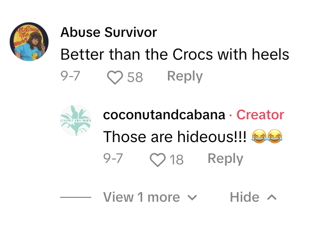 Two social media comments discuss Crocs with heels. One user says they are better; another thinks they&#x27;re hideous. There are likes and reply icons below each comment