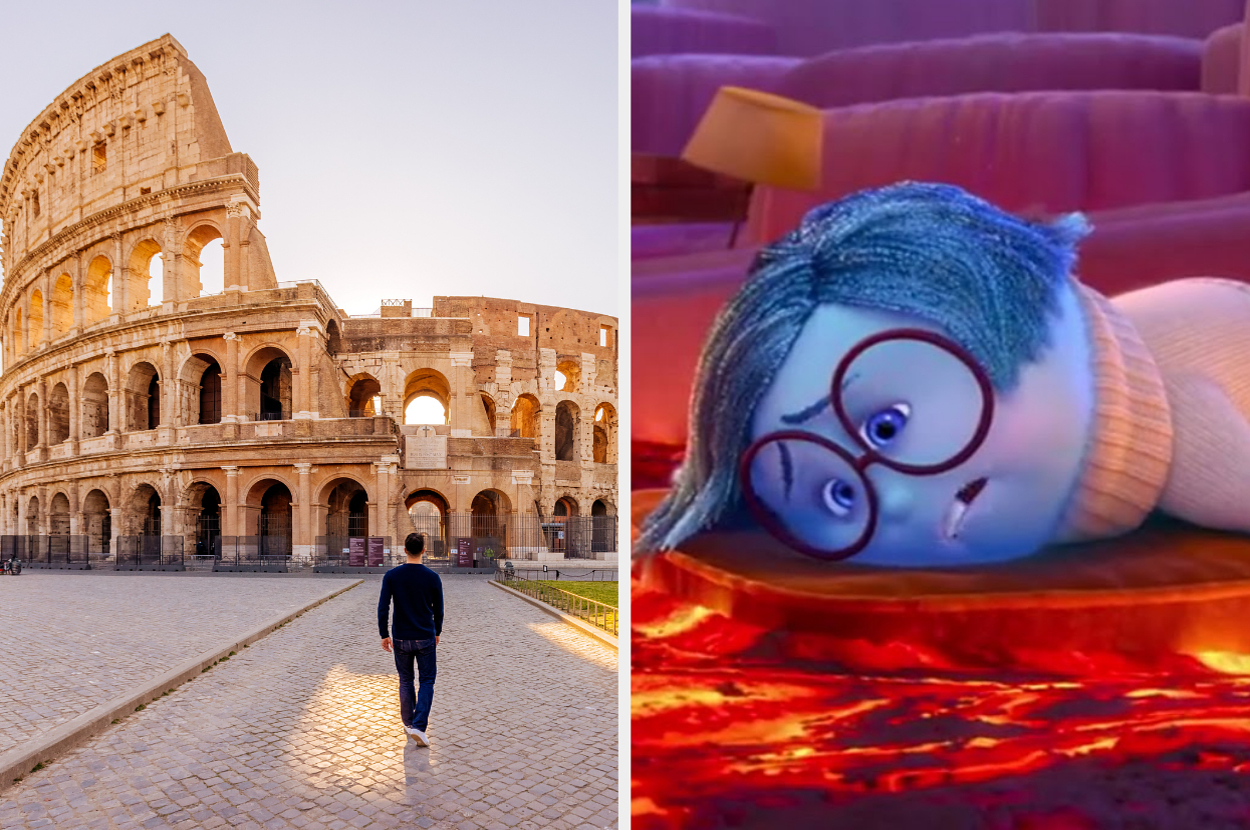 A person walks near the Colosseum in Rome on the left. On the right, Sadness from "Inside Out" lies down looking distressed