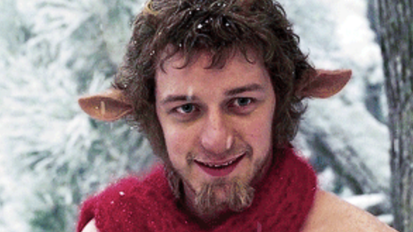 James McAvoy dressed as Mr. Tumnus, with unique faun features, red scarf, and background of snowy forest, from &quot;The Chronicles of Narnia: The Lion, the Witch and the Wardrobe&quot;