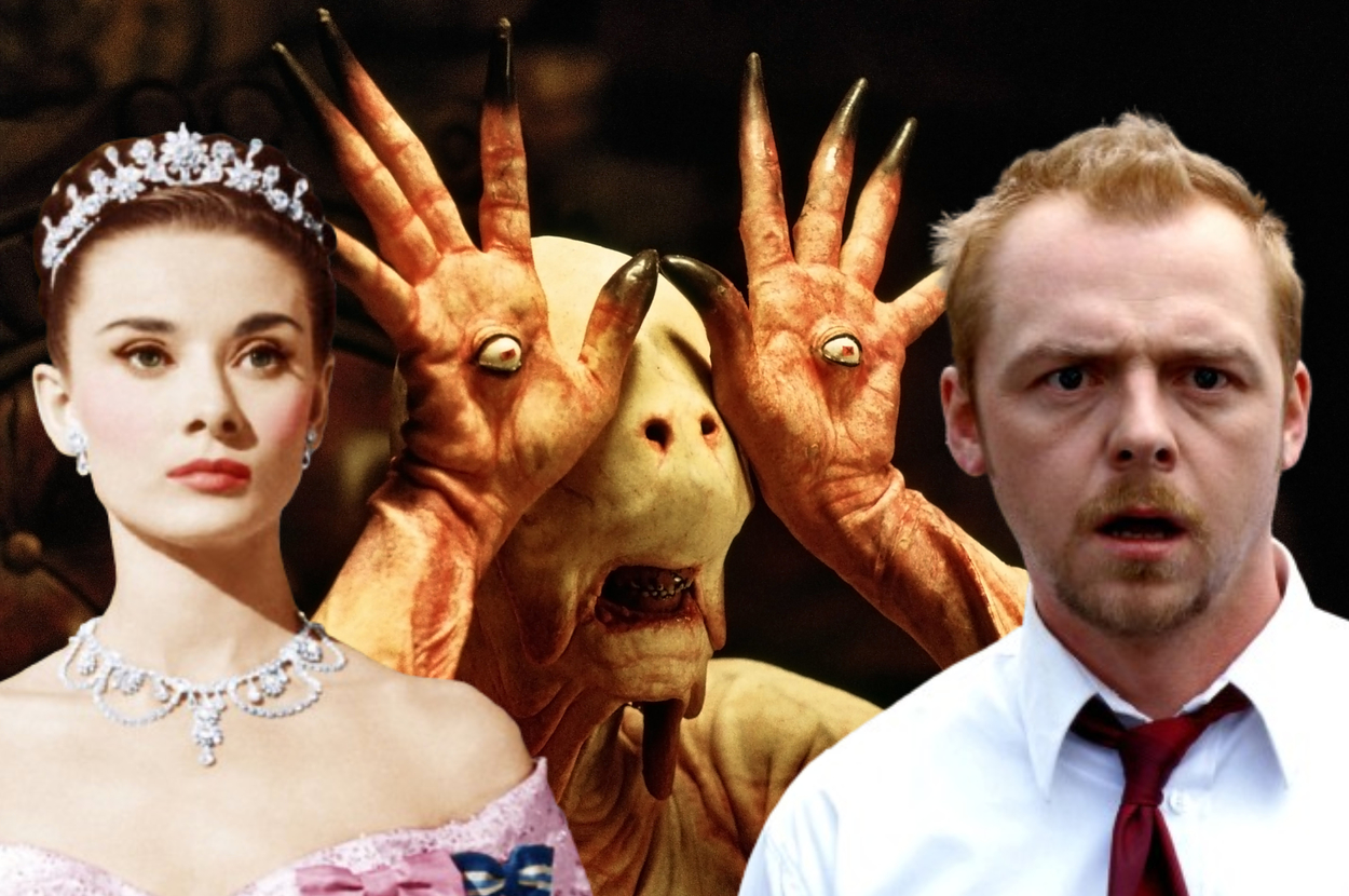 Audrey Hepburn in a tiara and gown, a creature with eyes on its hands, and Simon Pegg in a white shirt and red tie