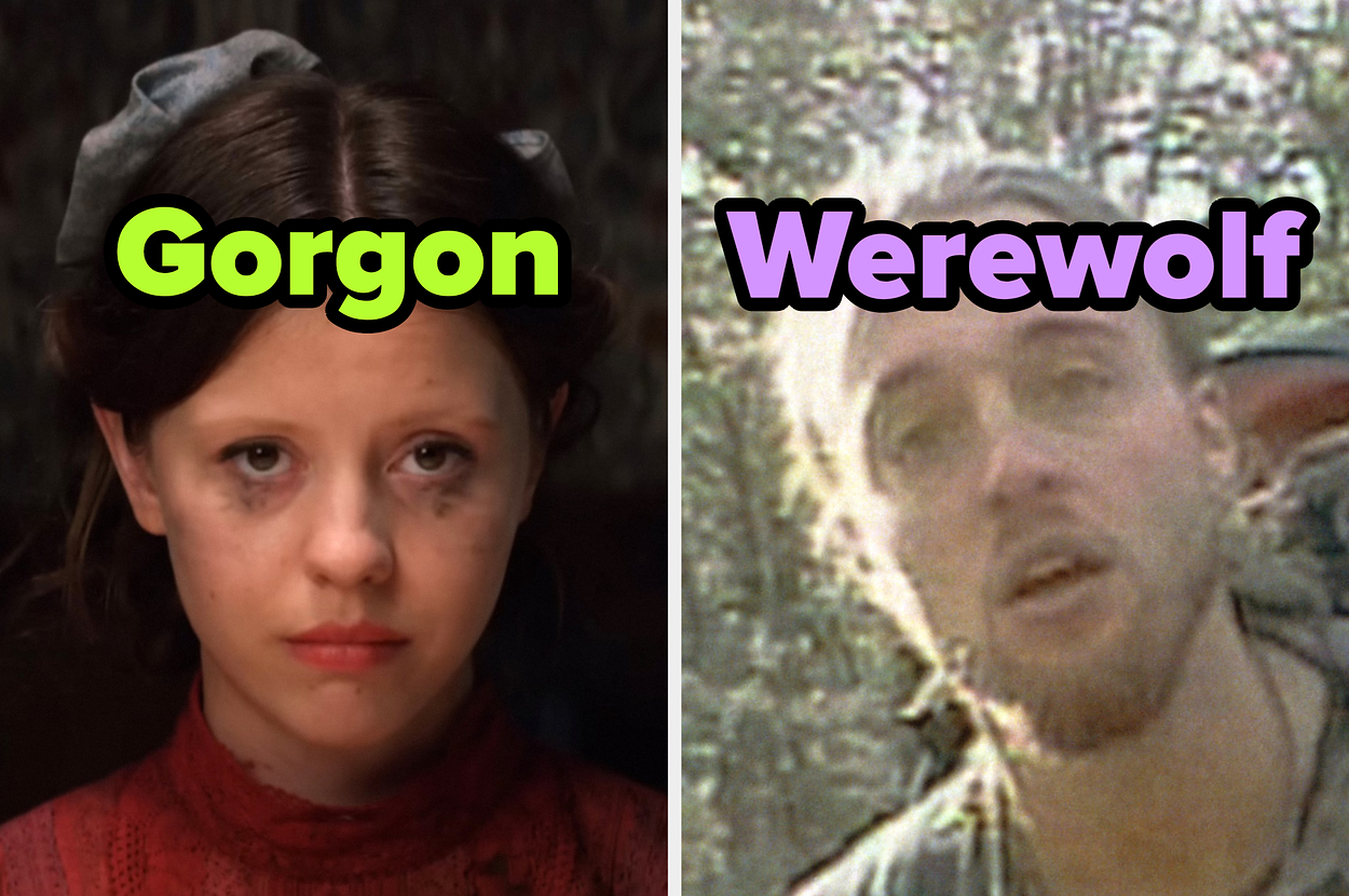 Gorgon and Werewolf, both with captions above their heads, appear in their respective scenes from a movie