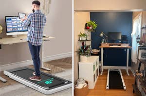 Side-by-side comparison of two adjustable standing desks each with a treadmill underneath