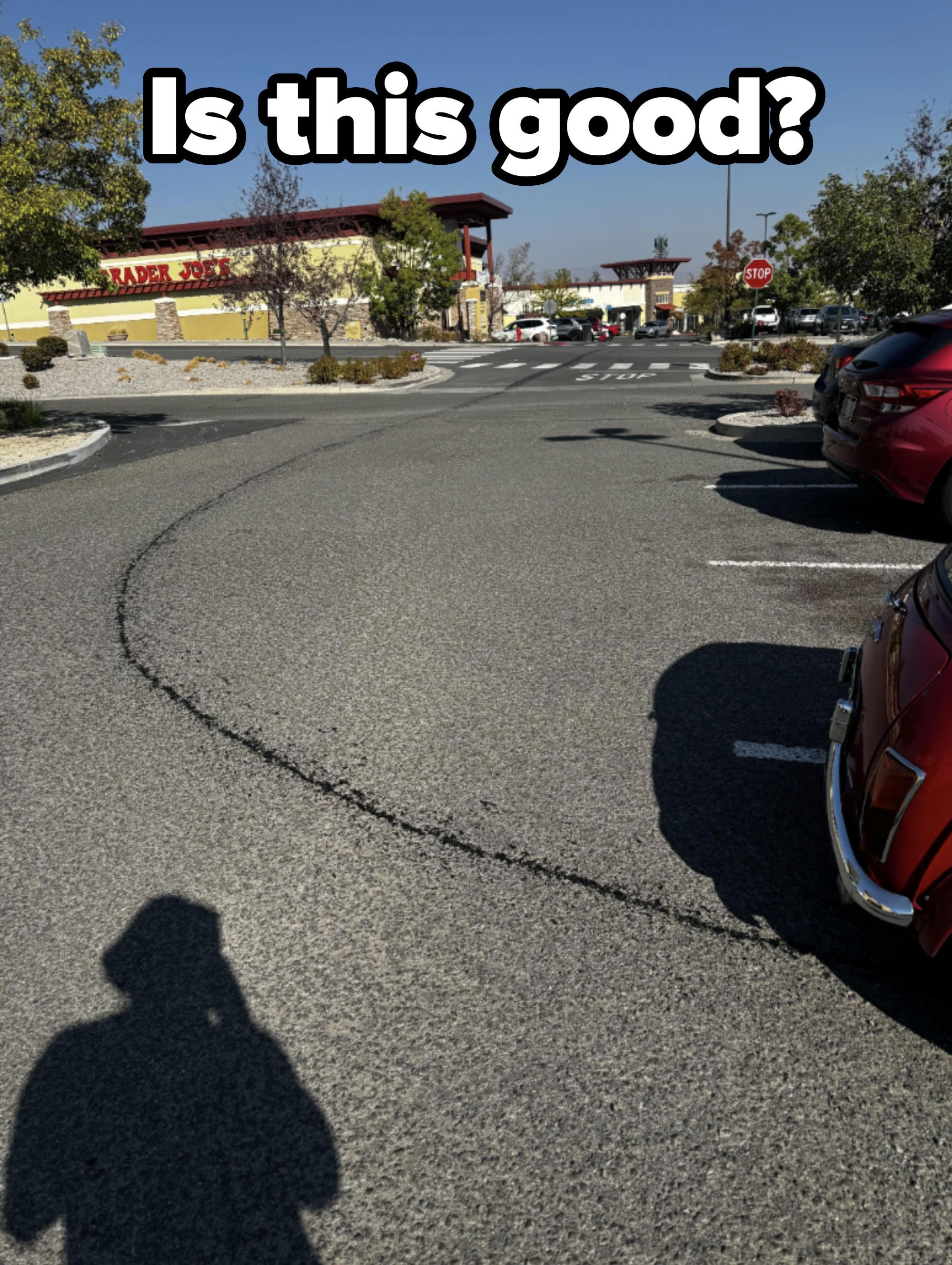 A parking lot with several parked cars and a Trader Joe&#x27;s store in the background. A person&#x27;s shadow is seen in the foreground