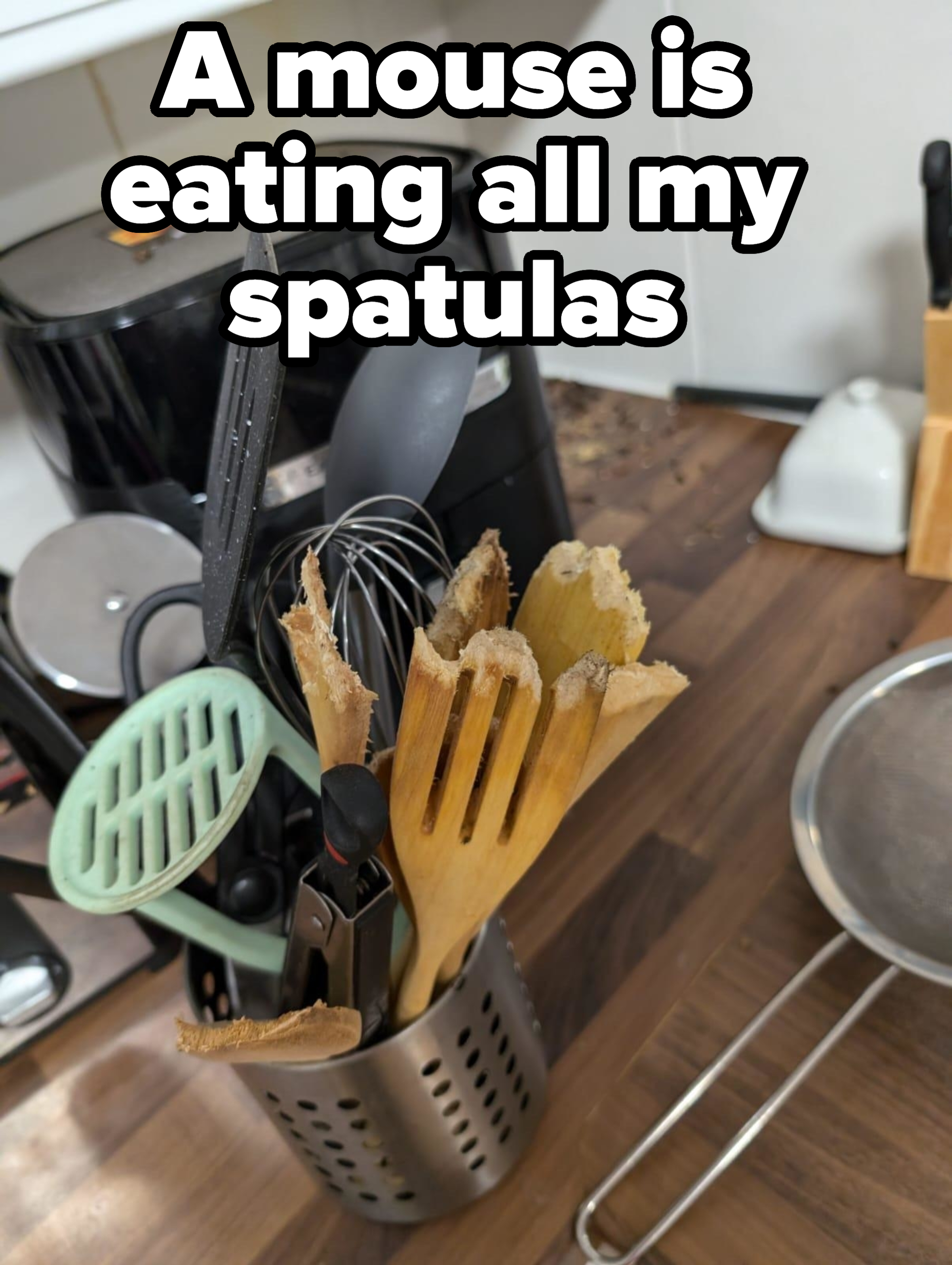 Assorted kitchen utensils, including a broken wooden spatula and fork, are placed in a metal holder on a kitchen counter