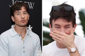 Barry Keoghan, in side-by-side images: left, wearing a button-up top, right, covering mouth with hand and wearing a watch and sunglasses on his head