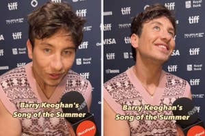 Barry Keoghan speaking to BuzzFeed about his song of the summer at the Toronto International Film Festival, wearing a patterned vest