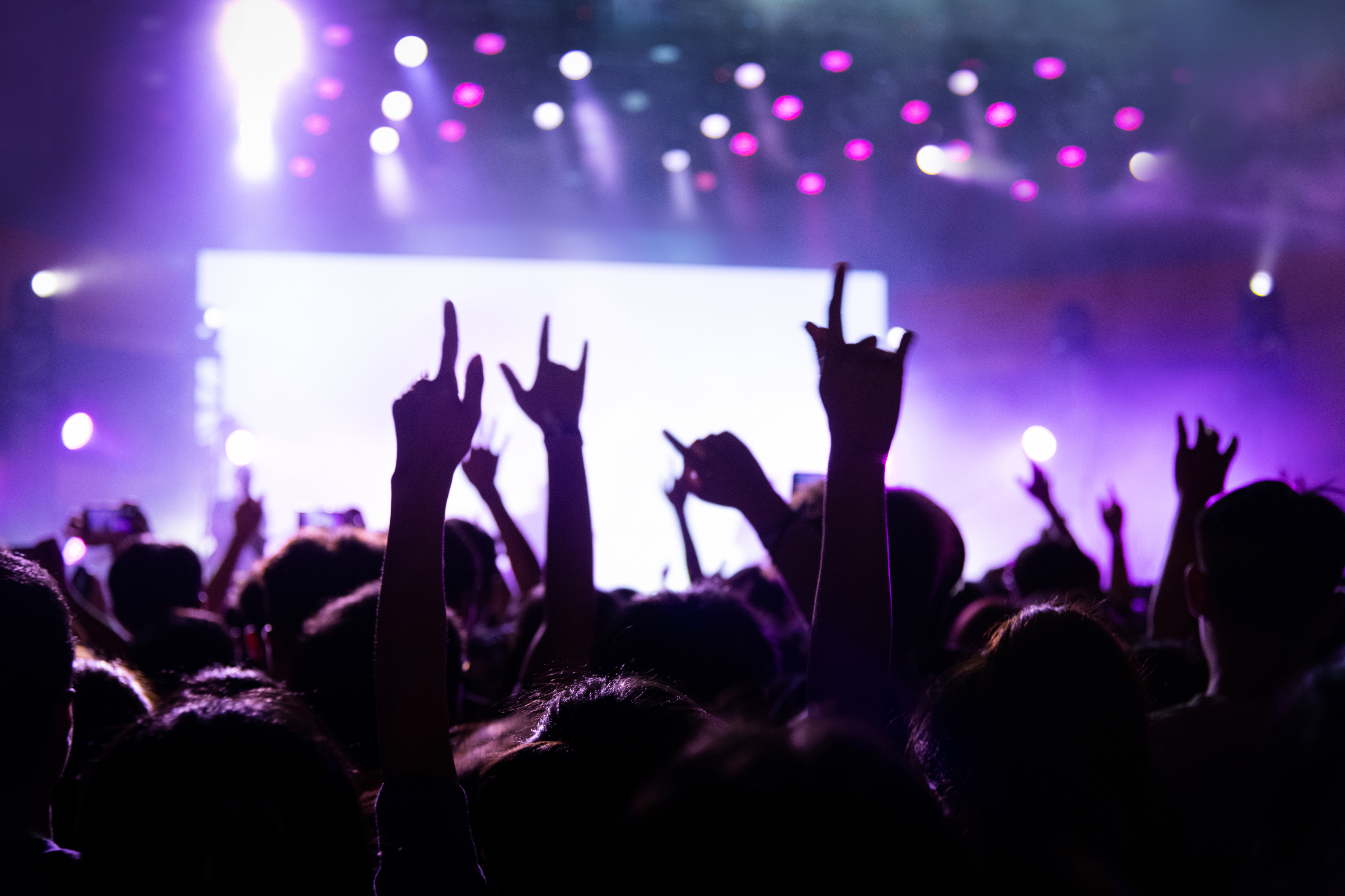 A crowd at a concert with hands raised, silhouettes against a backdrop of bright stage lights