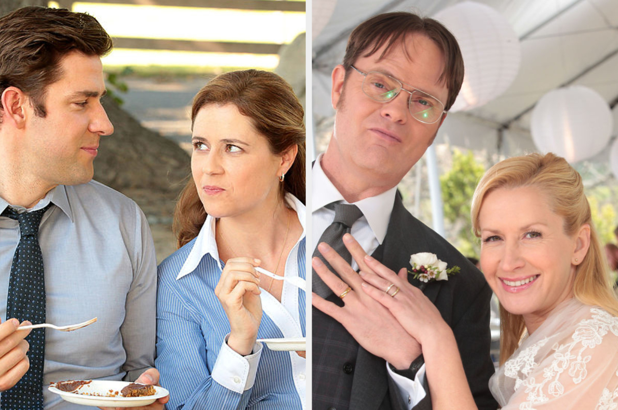 John Krasinski and Jenna Fischer in an office scene eating cake. Rainn Wilson and Angela Kinsey posing at a wedding, displaying wedding rings