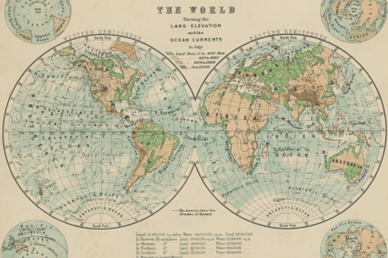 A vintage world map illustrating land elevation and ocean currents in 1870. Both hemispheres are prominently shown. Text describes various map details