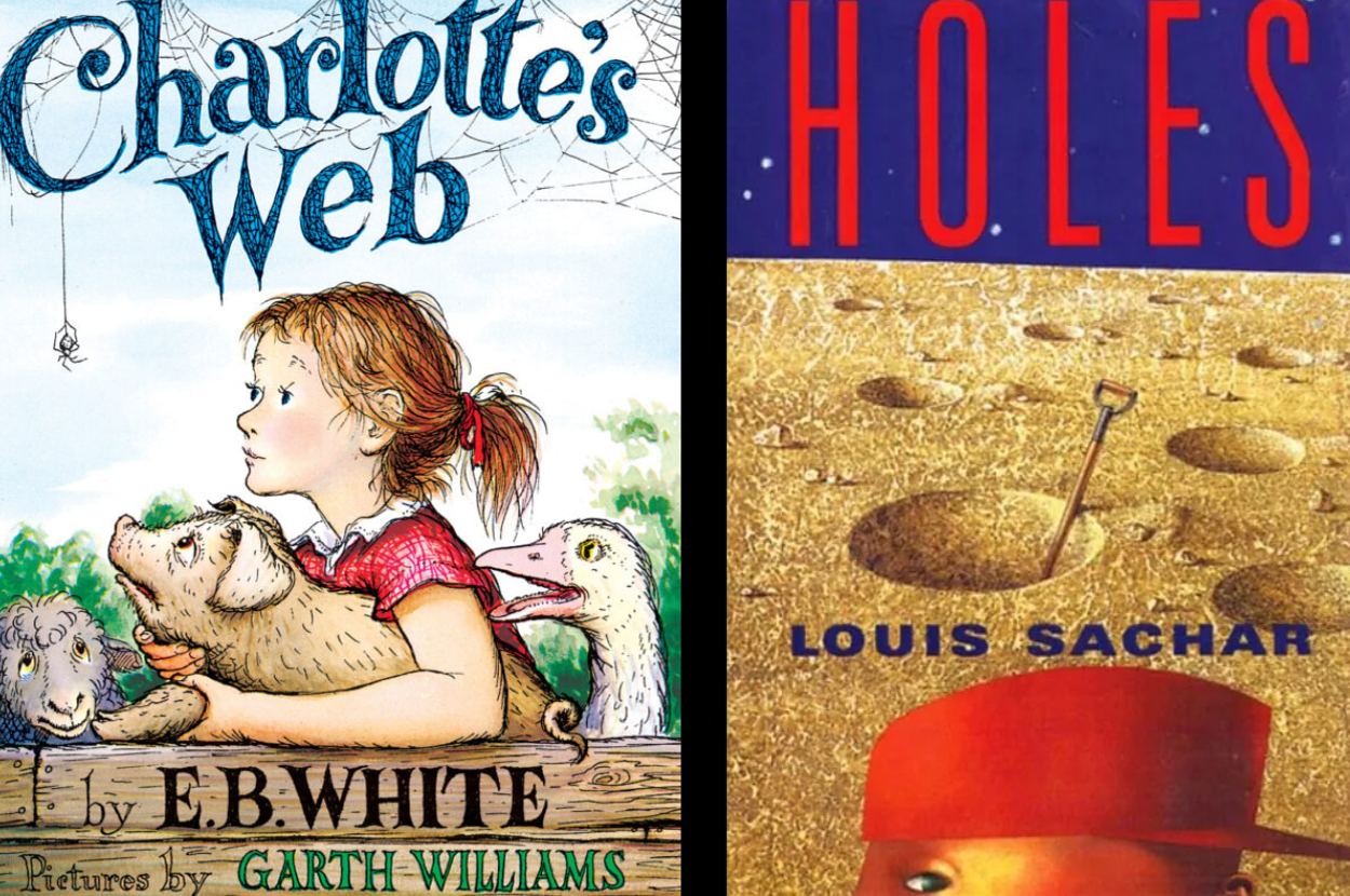 Book covers of "Charlotte's Web" by E.B. White and "Holes" by Louis Sachar. "Charlotte's Web" depicts a girl, a pig, and a spider. "Holes" shows an arid desert and a red hat