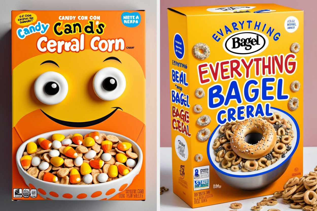 Two cereal boxes: Candy Can'd's Cereal Corn with a smiling face and candy corn, and Everything Bagel Cereal with a bagel in milk