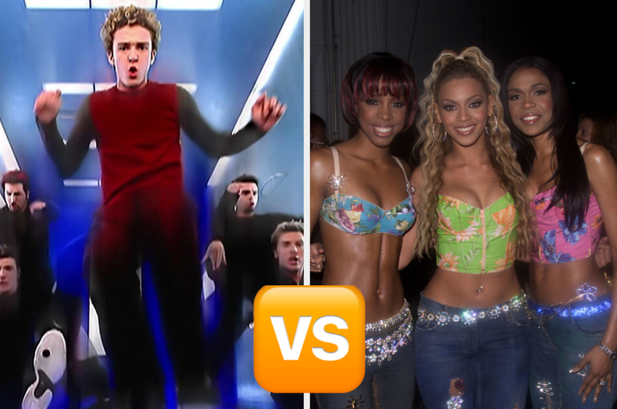 Justin Timberlake of NSYNC in a red and black outfit performing vs. Destiny's Child members Michelle Williams, Beyoncé, and Kelly Rowland in stylish outfits