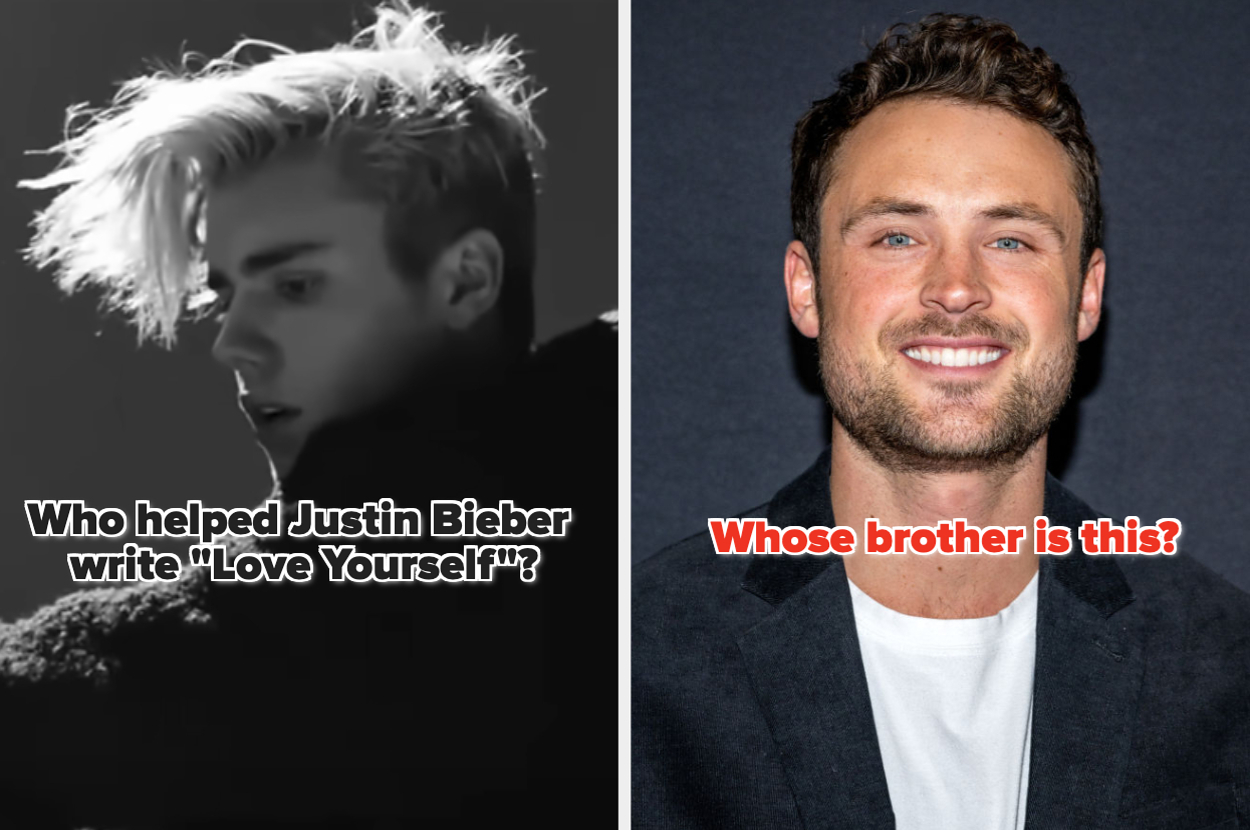 Left: Justin Bieber's side profile. Text asks, "Who helped Justin Bieber write 'Love Yourself'?" Right: Smiling man. Text asks, "Whose brother is this?"