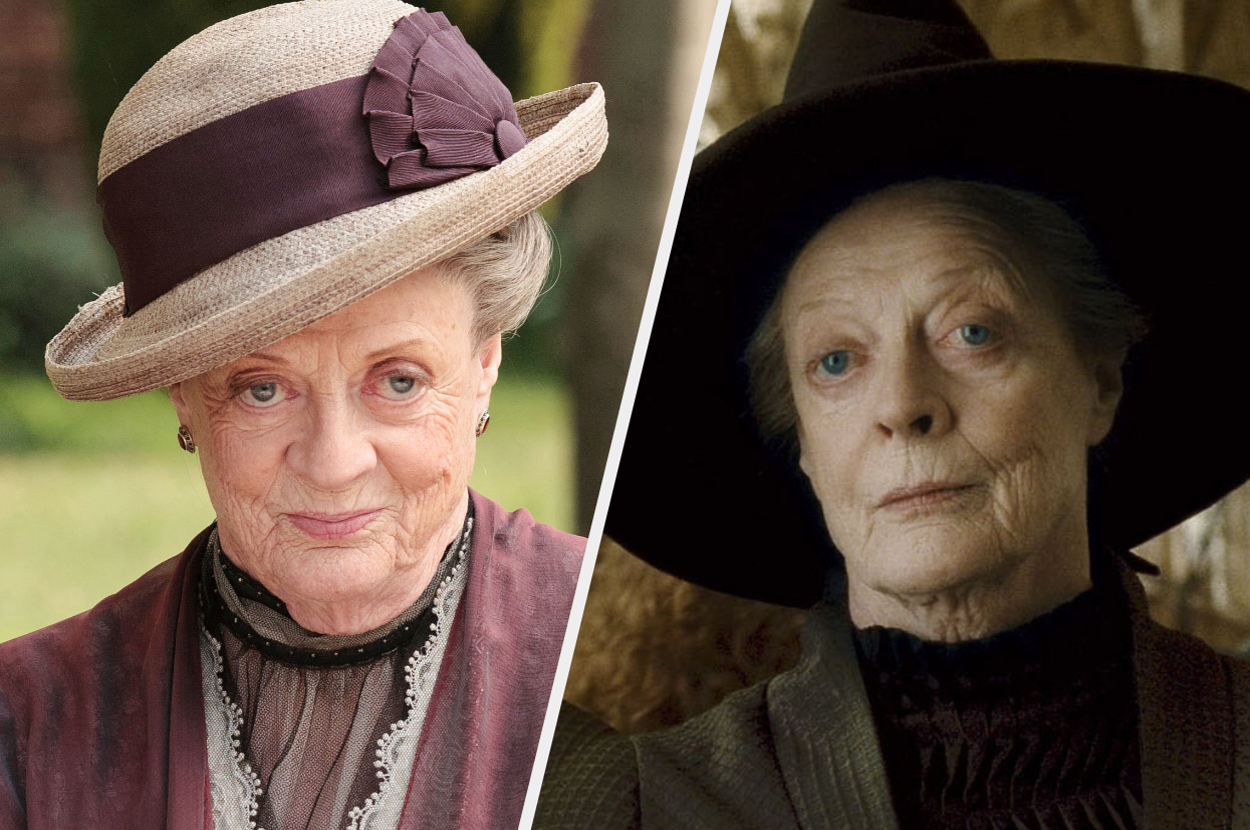 Maggie Smith is shown in two different roles. On the left, she is in a period costume with a hat. On the right, she wears a witch's hat and dark attire