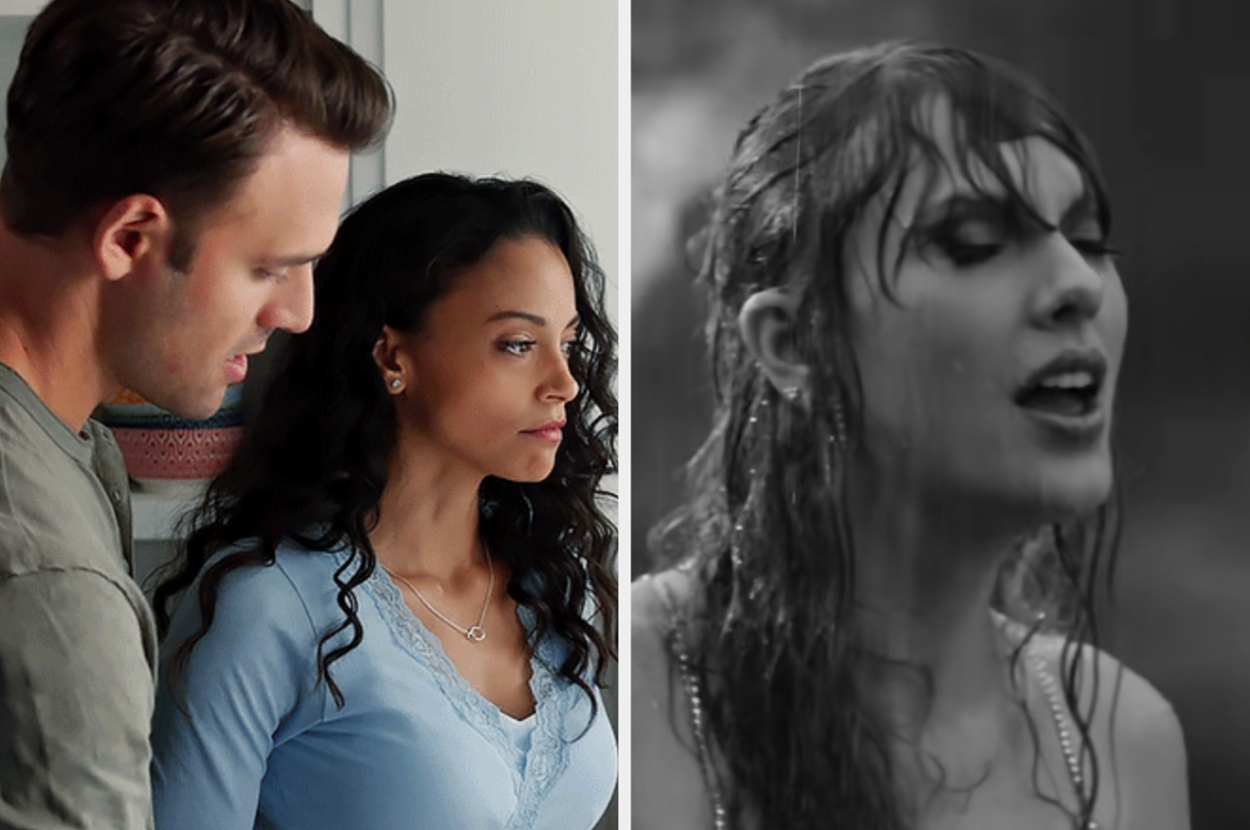 Left: Man and woman standing together in a kitchen. Right: Woman singing in the rain