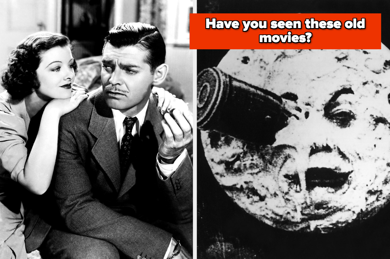 Clark Gable and Myrna Loy in a classic film scene; right image is from the iconic silent film, "A Trip to the Moon." Text: "Have you seen these old movies?"