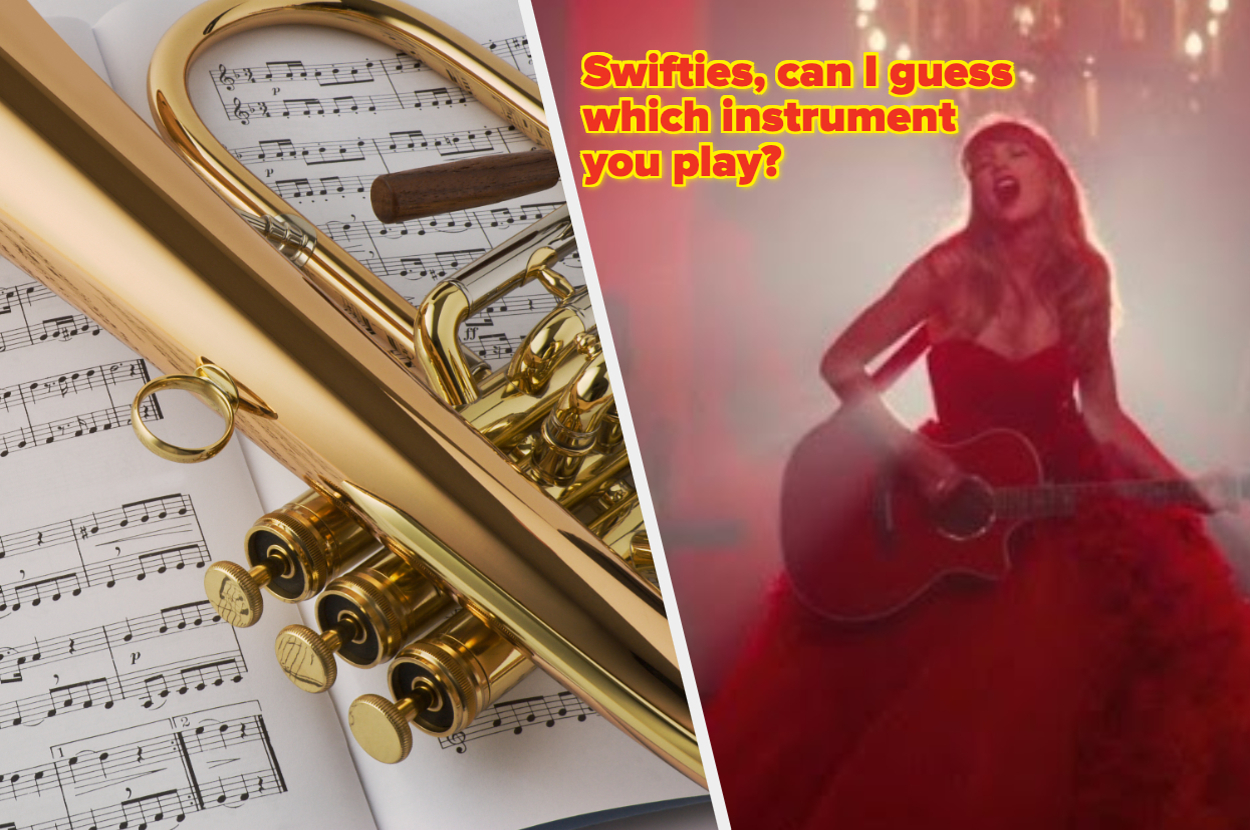 A trumpet laying on sheet music is on the left, and Taylor Swift is performing onstage with a guitar on the right. Text reads: "Swifties, can I guess which instrument you play?"