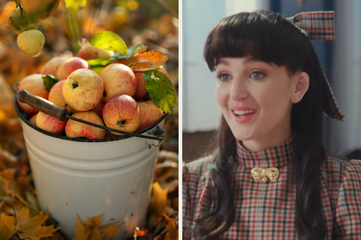 Left image: A white bucket filled with apples sits outdoors on fallen leaves and grass. 

Right image: Young woman with bangs and a plaid dress smiles