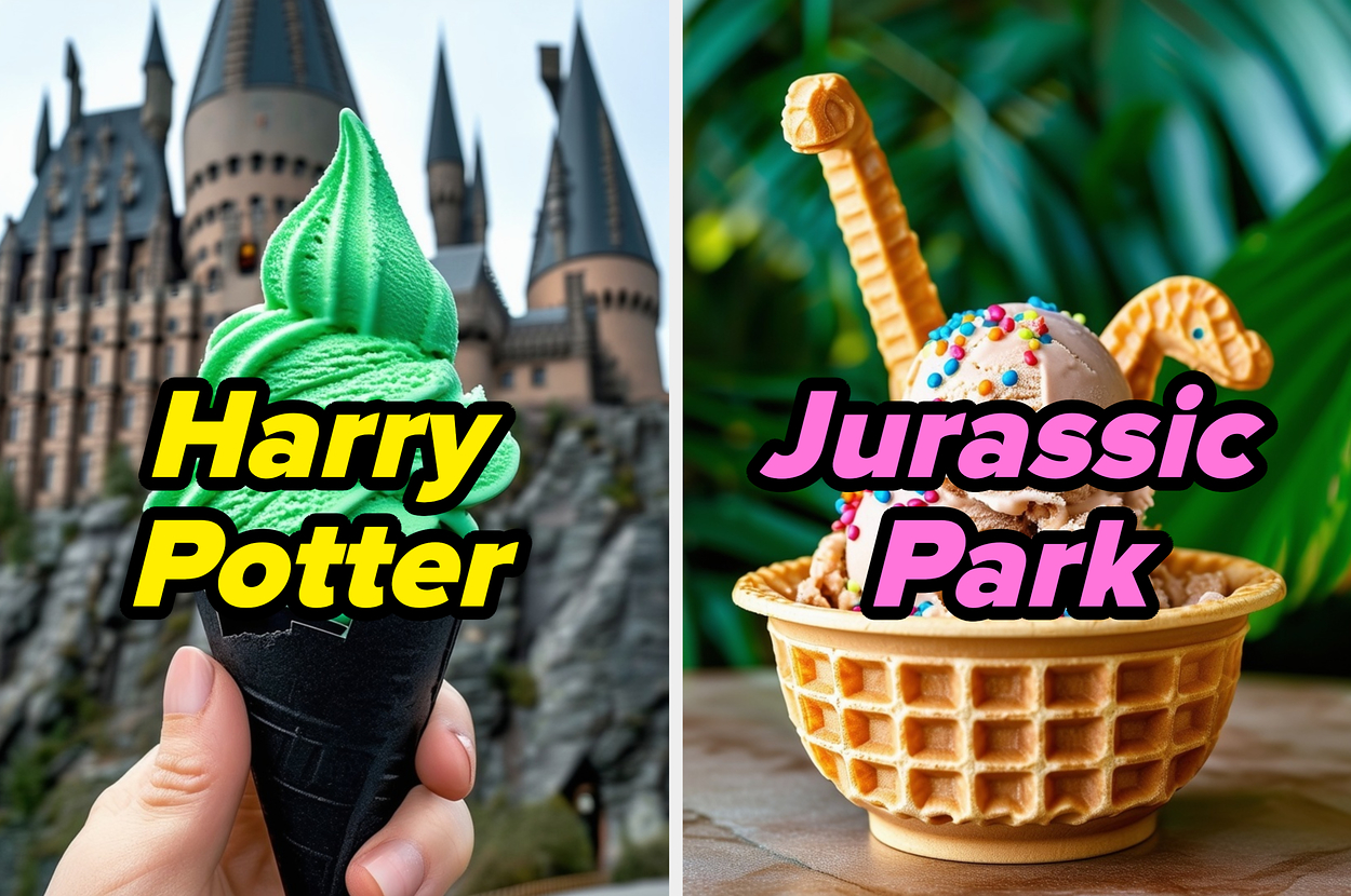 Left: A hand holds a green ice cream cone in front of a castle with text "Harry Potter." Right: An ice cream in a waffle bowl with candy toppings and text "Jurassic Park."