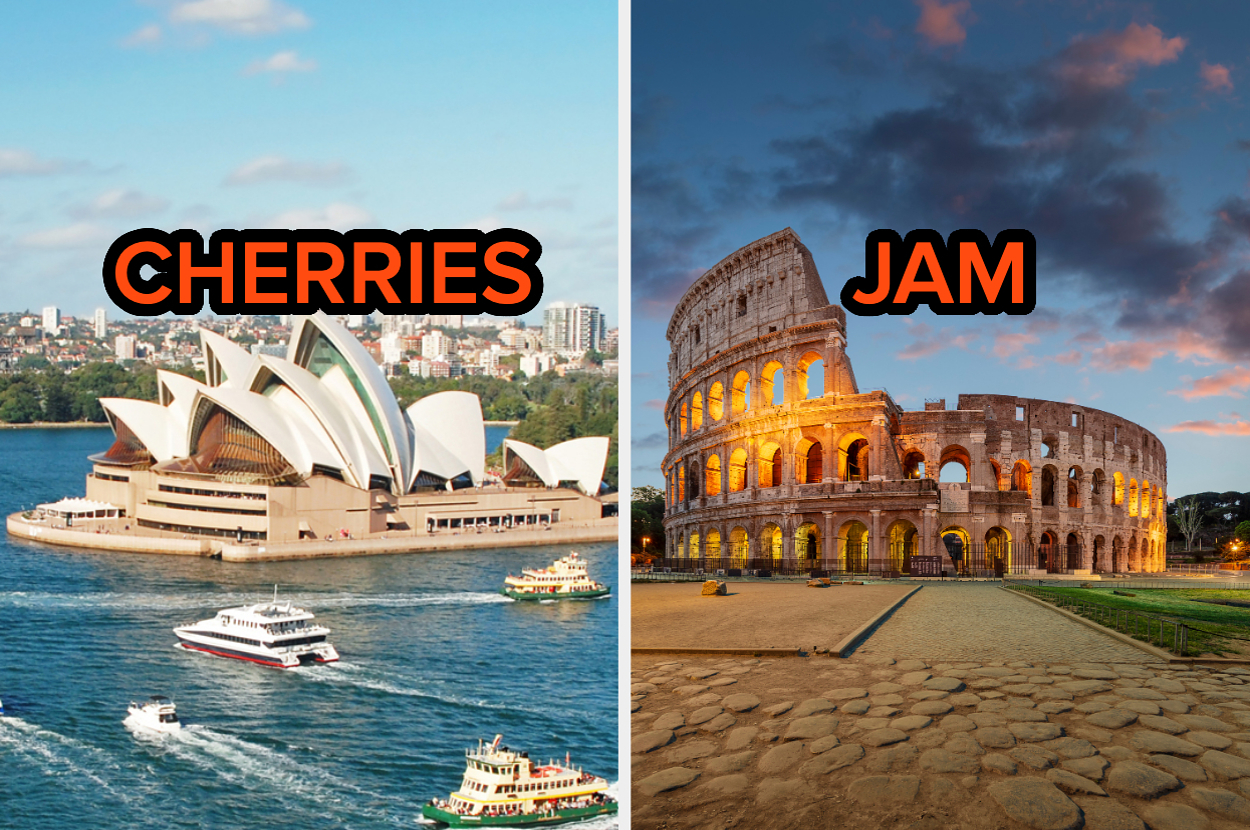 Sydney Opera House with the text "CHERRIES" and the Colosseum with the text "JAM."