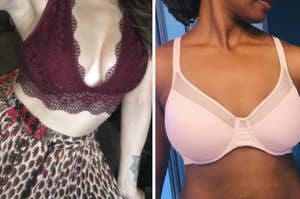 Two people showcasing different bras: a lace bralette on the left and a supportive pink bra on the right