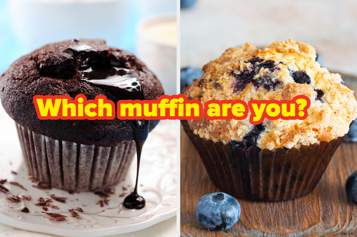 A side-by-side image of a chocolate muffin and a blueberry muffin with the text "Which muffin are you?" written in bold, yellow and orange font over the image