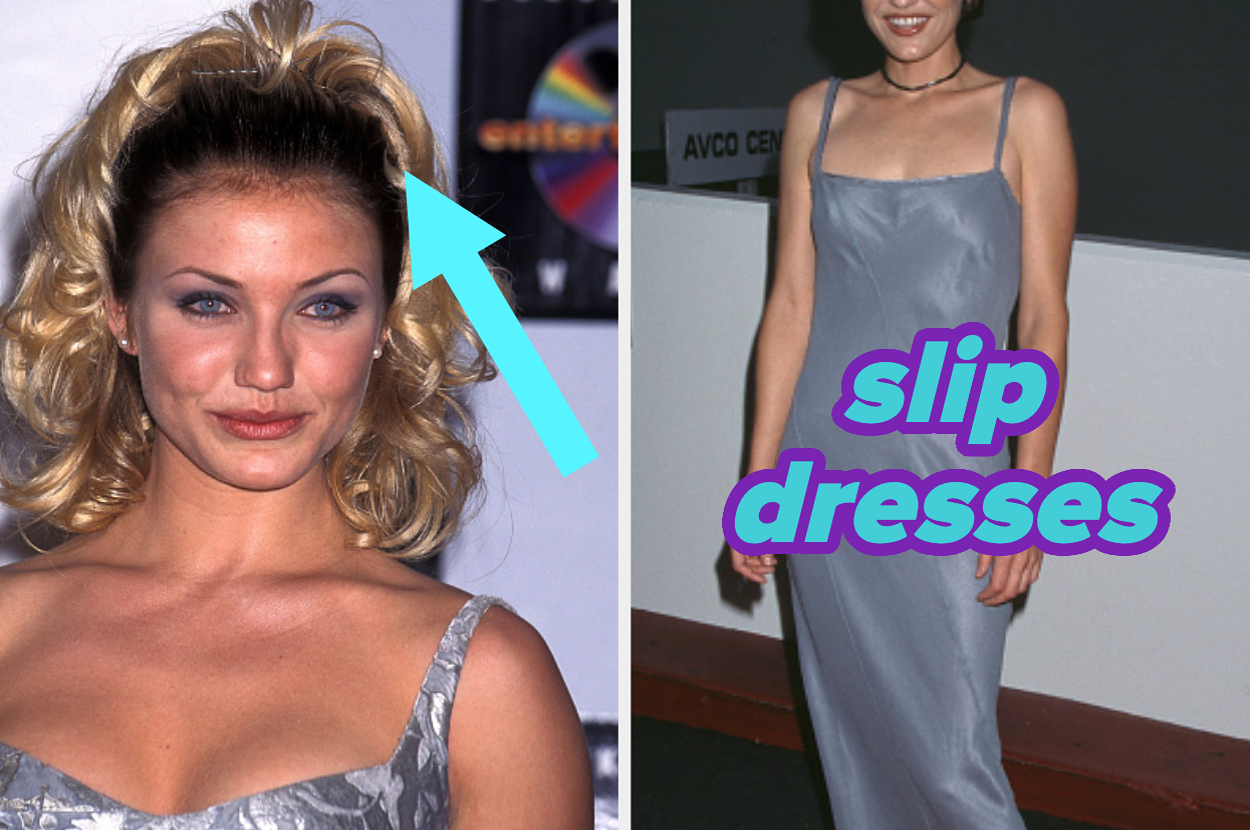 Cameron Diaz at an event wearing a patterned slip dress with a high ponytail on the left; on the right is a close-up of someone in a metallic slip dress. Text: slip dresses