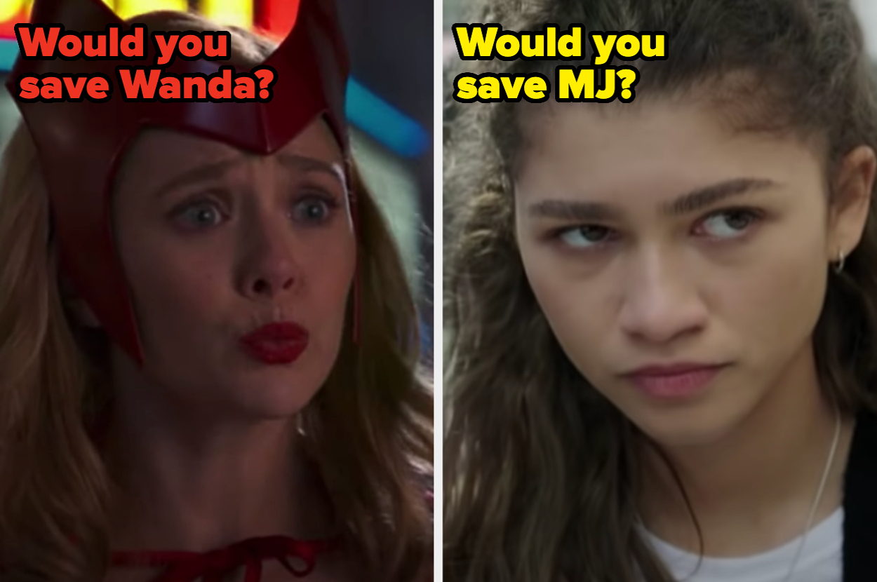 Elizabeth Olsen as Wanda with a concerned expression. Zendaya as MJ looking serious. Text reads: "Would you save Wanda?" and "Would you save MJ?"