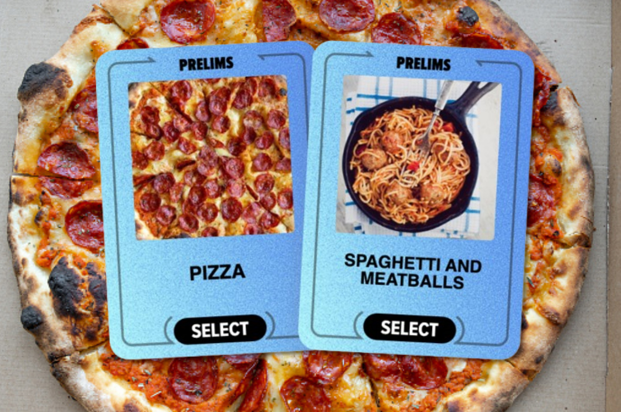 Photo of a pepperoni pizza with two digital cards in the center. One card shows pizza with the word "PIZZA" and another shows spaghetti and meatballs with the word "SPAGHETTI AND MEATBALLS." Both cards have a "SELECT" button