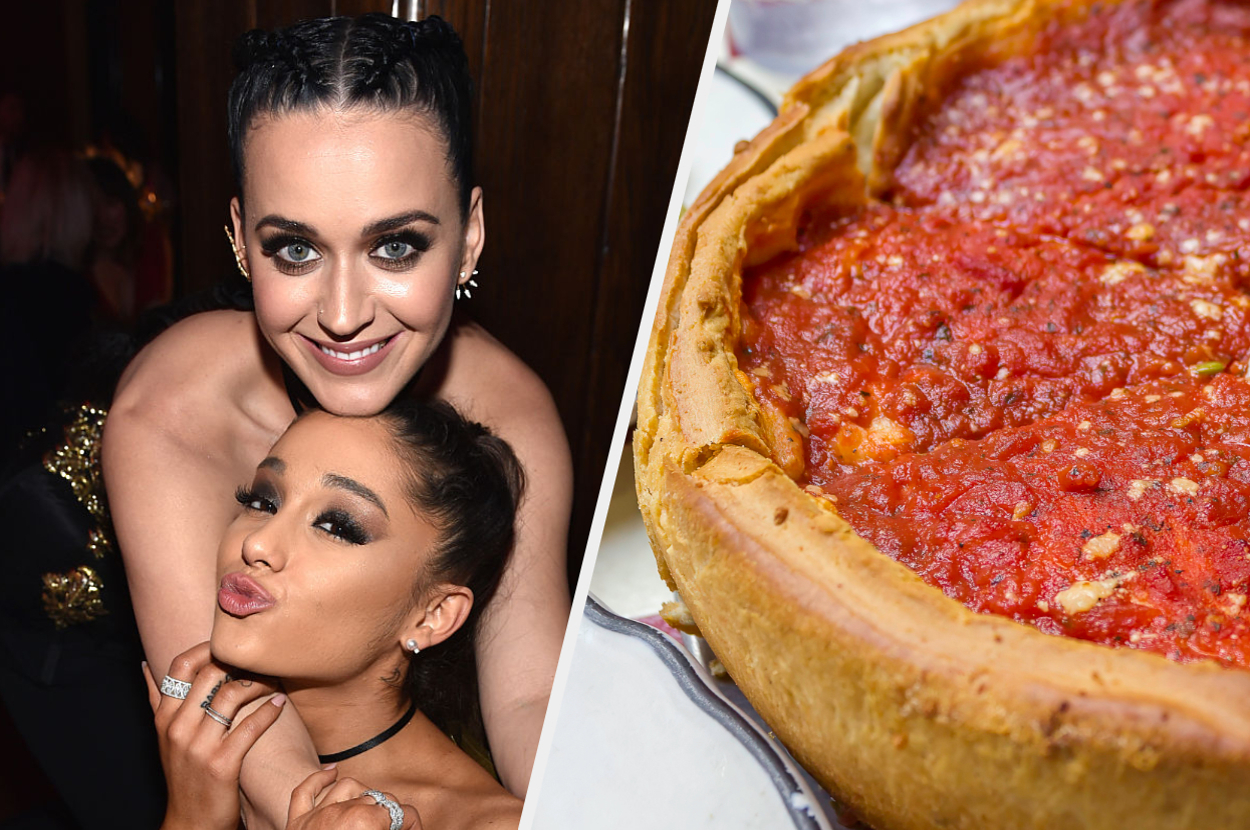 Katy Perry and Ariana Grande are smiling and posing together. Next to them is a close-up of a deep-dish pizza