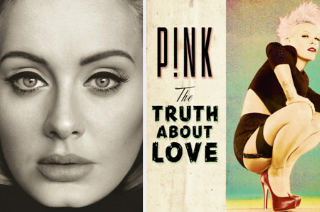 Photos of singers Adele and P!nk. Adele is shown in a close-up portrait. P!nk is on the album cover for "The Truth About Love," crouching, wearing a black outfit