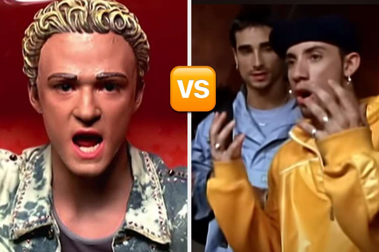 Split image: left, mannequin of Justin Timberlake singing; right, Kevin Richardson and AJ McLean of Backstreet Boys gesturing animatedly. Center: VS icon