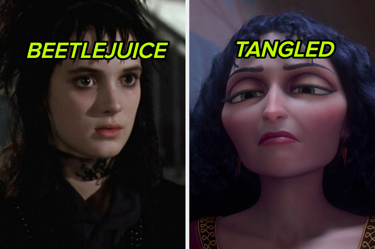 Winona Ryder as Lydia Deetz from Beetlejuice and Mother Gothel from Tangled are shown side by side