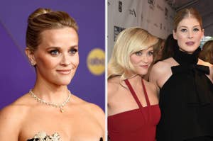 Reese Witherspoon in evening gown poses solo and with Rosamund Pike, who wears a high-neck dress at a celebrity event