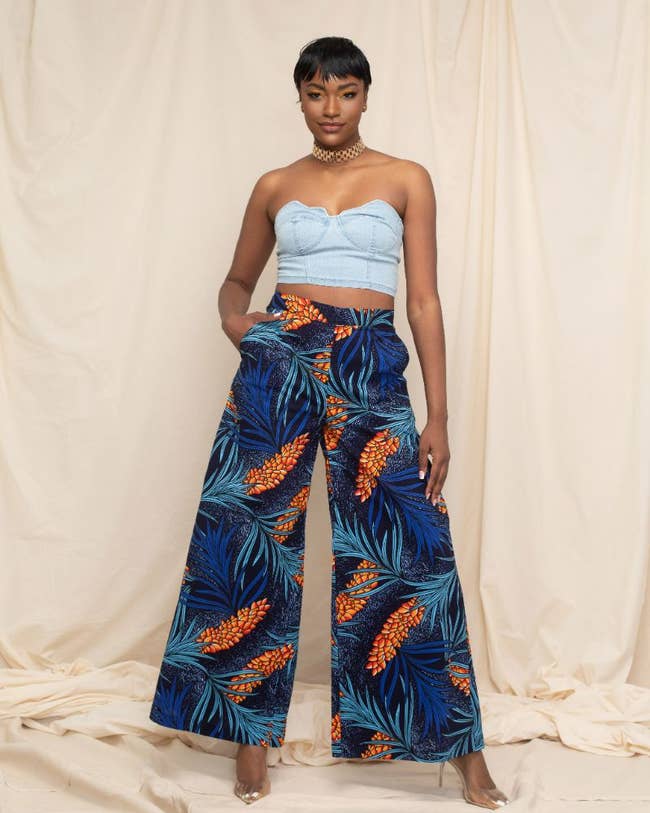 model in blue printed wide-leg pants