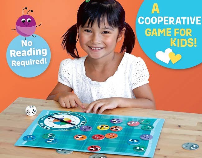 Child playing a board game with colorful pieces and a die. Text: 