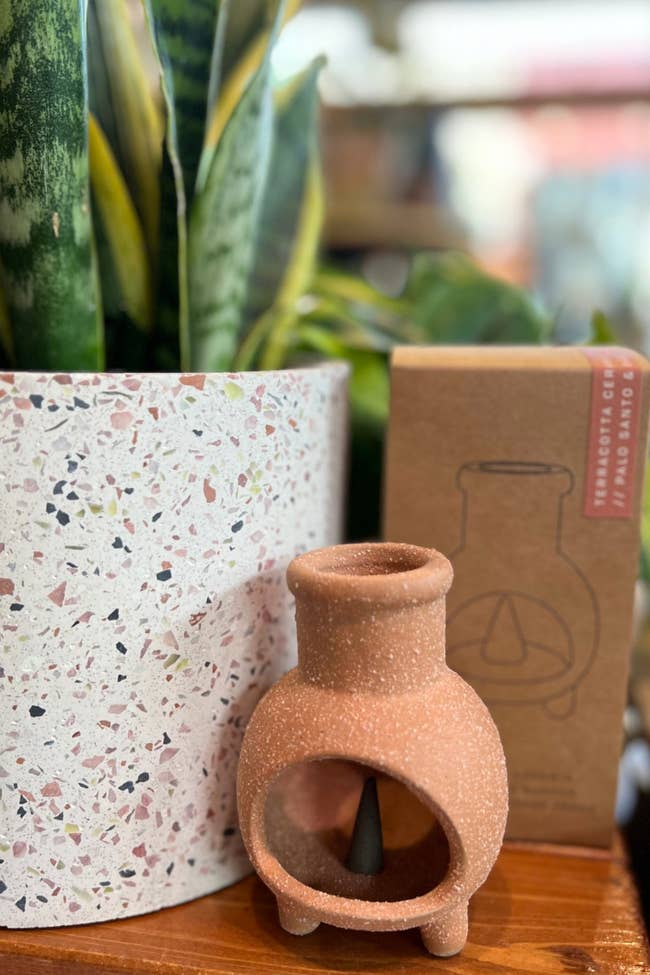 ceramic incense holder upfront, and a box behind it, all positioned next to a potted plant