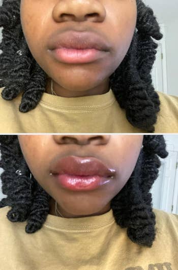 A reviewer's before and after showing more moisturized, glossy pink lips
