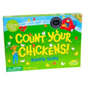Count Your Chickens! board game for kids, cooperative game by Peaceable Kingdom. Ages 3+, 2-4 players, 15 minutes playtime