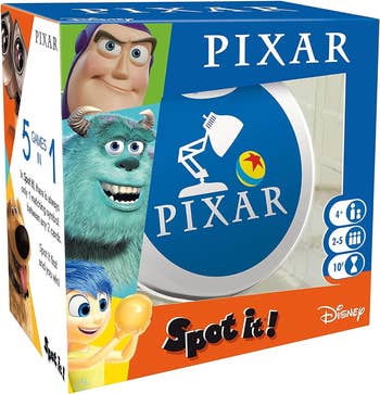 Pixar Spot It! game box featuring characters from Pixar movies including Buzz Lightyear, Sulley, and Joy. The game is suitable for ages 4+, 2-5 players, 10-minute playtime