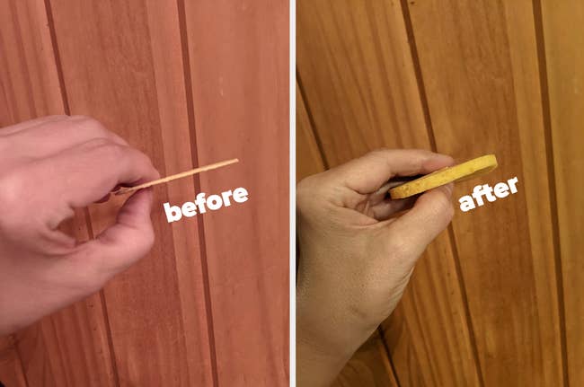 a reviewer holding the sponge before very thin and after it's wet much thicker