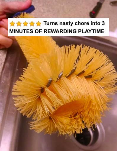 Spiral scrub brush in a sink with text 