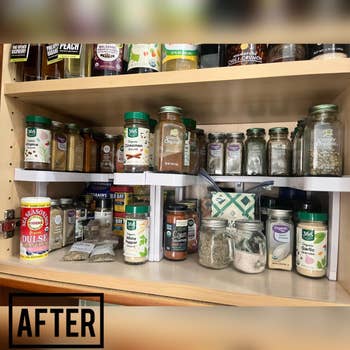 Organized pantry shelves with labeled jars and containers, before and after arrangement shown